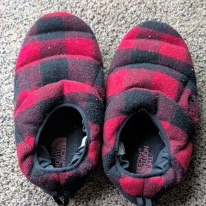 The North Face Red and Black Checkered Slippers